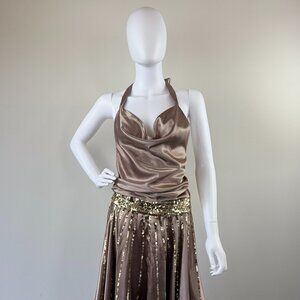 Chloe Silk Taupe Halter Dress with Sequins